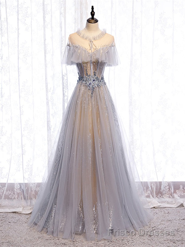 Shop See Through Gray Tulle Sparkle Appliques A Line Prom Dress Under 138 Main image