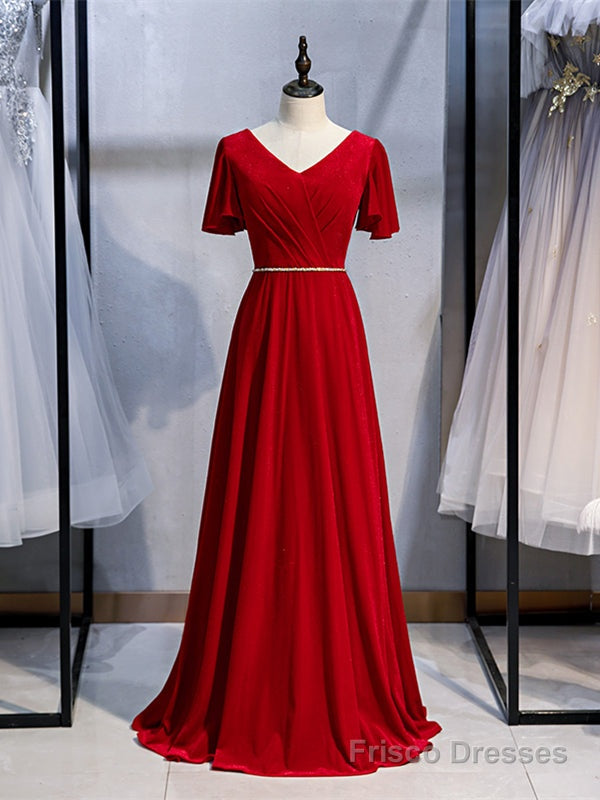 Shop Sexy V Neck Short Sleeves Beading Velvet Log Red Prom Dress Under 128 Main image