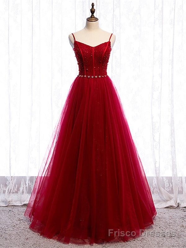 Shop Spaghetti Straps Tulle Beading Floor Length Burgundy Prom Dress Under 130 Main image
