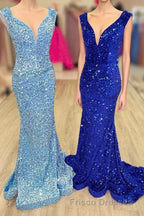 Blue Sequin V-Neck Lace-Up Mermaid Long Formal Prom Dress