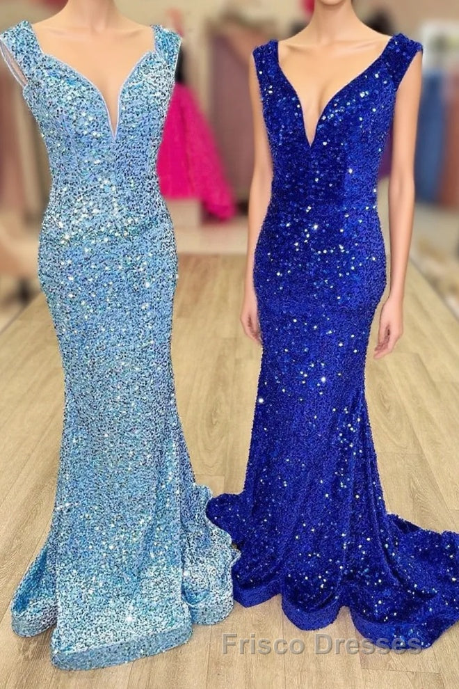 Blue Sequin V-Neck Lace-Up Mermaid Long Formal Prom Dress
