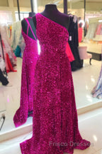 Purple Sequin One-Shoulder Backless A-Line Long Formal Prom Dress