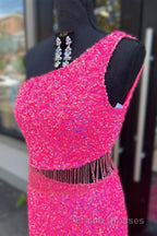 Fuchsia One Shoulder Sequins Tassels Cut-Out Long Formal Prom Dress with Slit