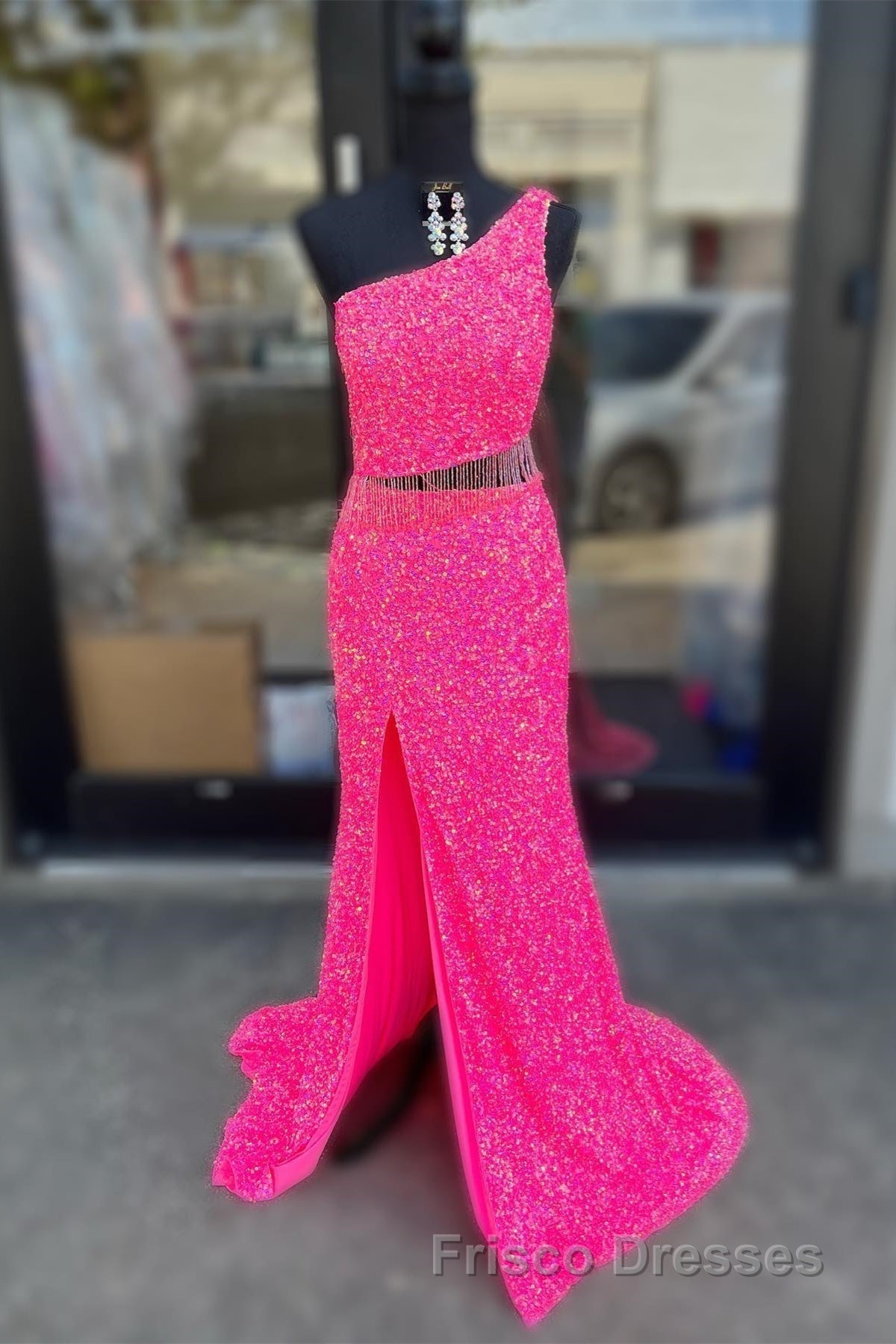 Fuchsia One Shoulder Sequins Tassels Cut-Out Long Formal Prom Dress with Slit