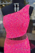 Fuchsia One Shoulder Sequins Tassels Cut-Out Long Formal Prom Dress with Slit