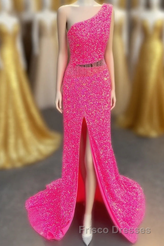 Fuchsia One Shoulder Sequins Tassels Cut-Out Long Formal Prom Dress with Slit
