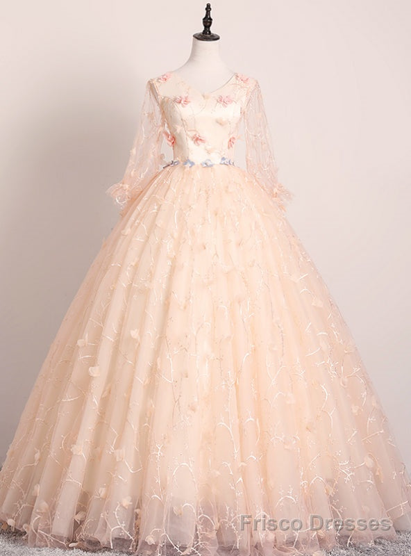 Shops Around The World Champagne Pink Ball Gown Tulle V-neck Long Sleeve Flower Quinceanera Dress Main image