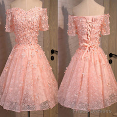 Short A-Line Junior Cute Off Shoulder Full Lace Appliques Beads Sweetheart Lace Up Back Homecoming Dress