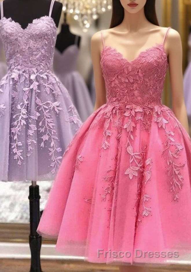 Short A Line Thin Straps Lace Formal Prom Dresses, Lace Homecoming Dresses, Short Formal Evening Dresses Main image