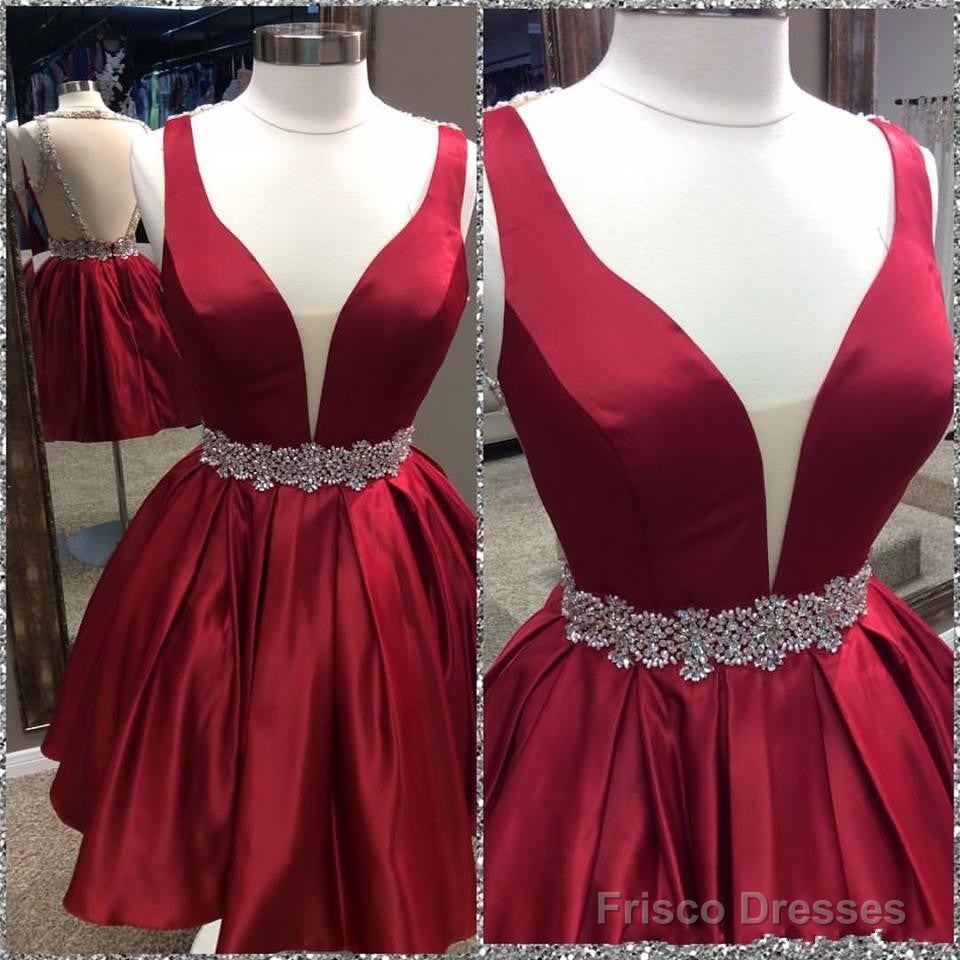 Short A Line V Neck Red Backless Prom Dress, Short Red Backless Homecoming Dress, Formal Dress Secondary image