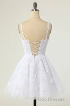 Short A-line V-neck Tulle Lace Backless Formal Prom Dress white Homecoming Dress