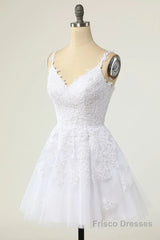 Short A-line V-neck Tulle Lace Backless Prom Dress white Homecoming Dresses