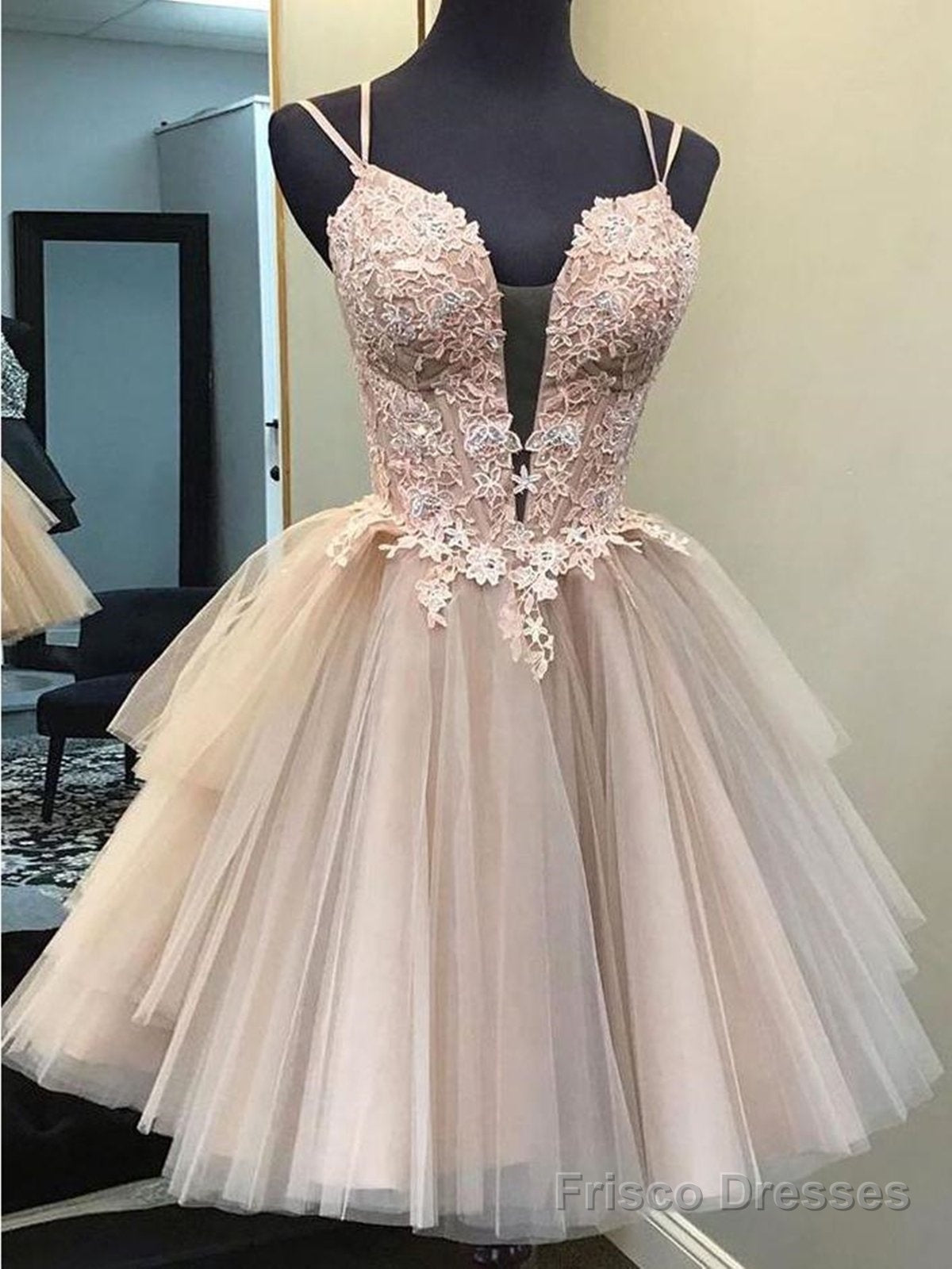 Short Backless Champagne Lace Prom Dresses, Short V Neck Champagne Lace Graduation Homecoming Dresses Main image