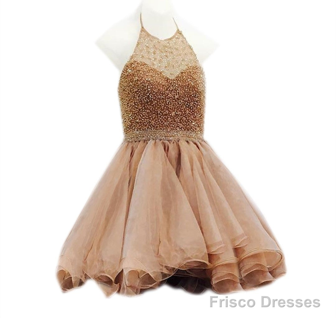 Short Beaded Halter Organza Ruffles Champagne Homecoming Dresses Secondary image