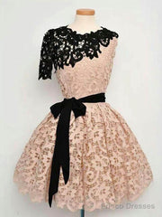 Short Black Champagne Lace Prom Dresses, Short Black Champagne Lace Graduation Homecoming Dresses