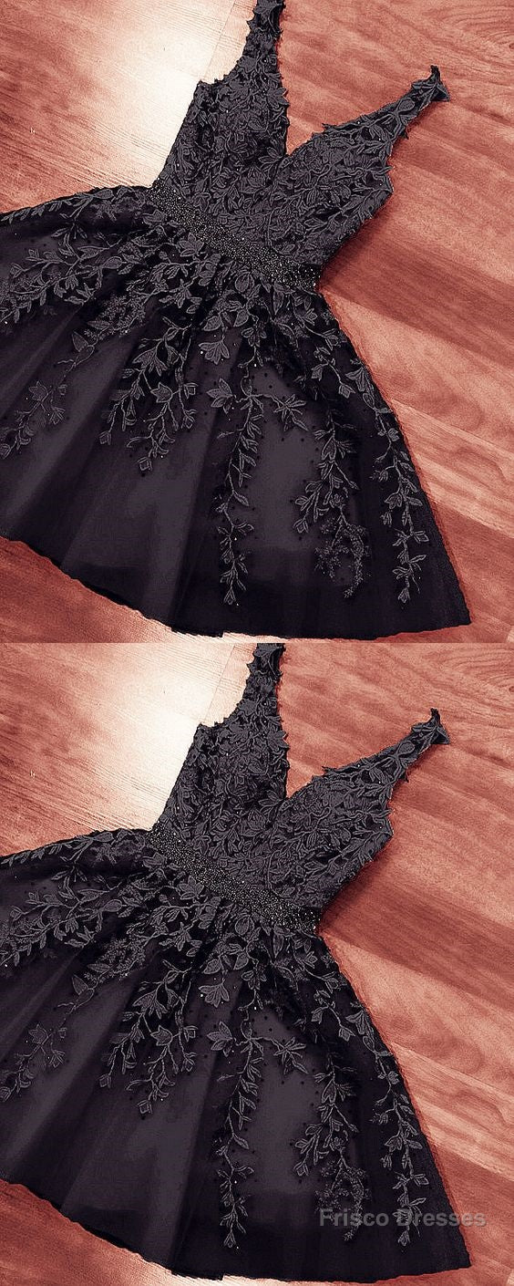 Short Black Lace Embroidery V Neck Homecoming Party Dress For Girls Main image