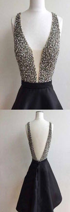 Short black mismatched open back sexy freshman homecoming prom dress