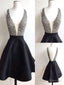 Short Black V Neck Prom Dresses With Beaded Bodice, Black Short Homecoming Dresses, Graduation Dresses