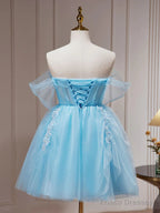 Short Blue Beaded Prom Dresses, Short Blue Graduation Homecoming Dresses