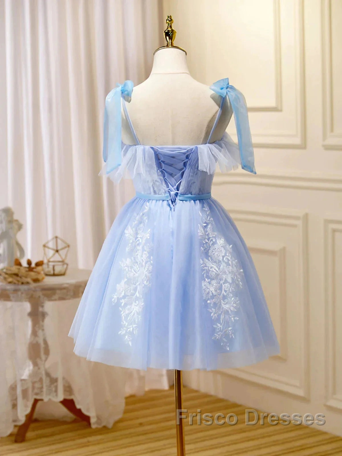 Short Blue Lace Formal Prom Dress, Short Blue Lace Formal Graduation D