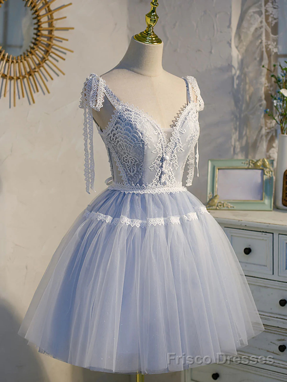 Short Blue Lace Prom Dresses, Short Blue lace Formal Homecoming Dresses Main image