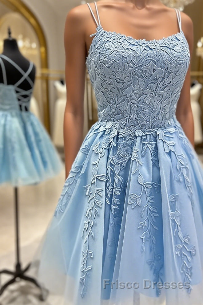 Short Blue Lace Formal Prom Dressesses, Short Blue Lace Formal Homecoming Dresses Main image