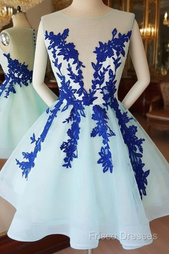 Short Blue Lace Tulle Formal Prom Dress, Short Blue Lace Homecoming Graduation Dress