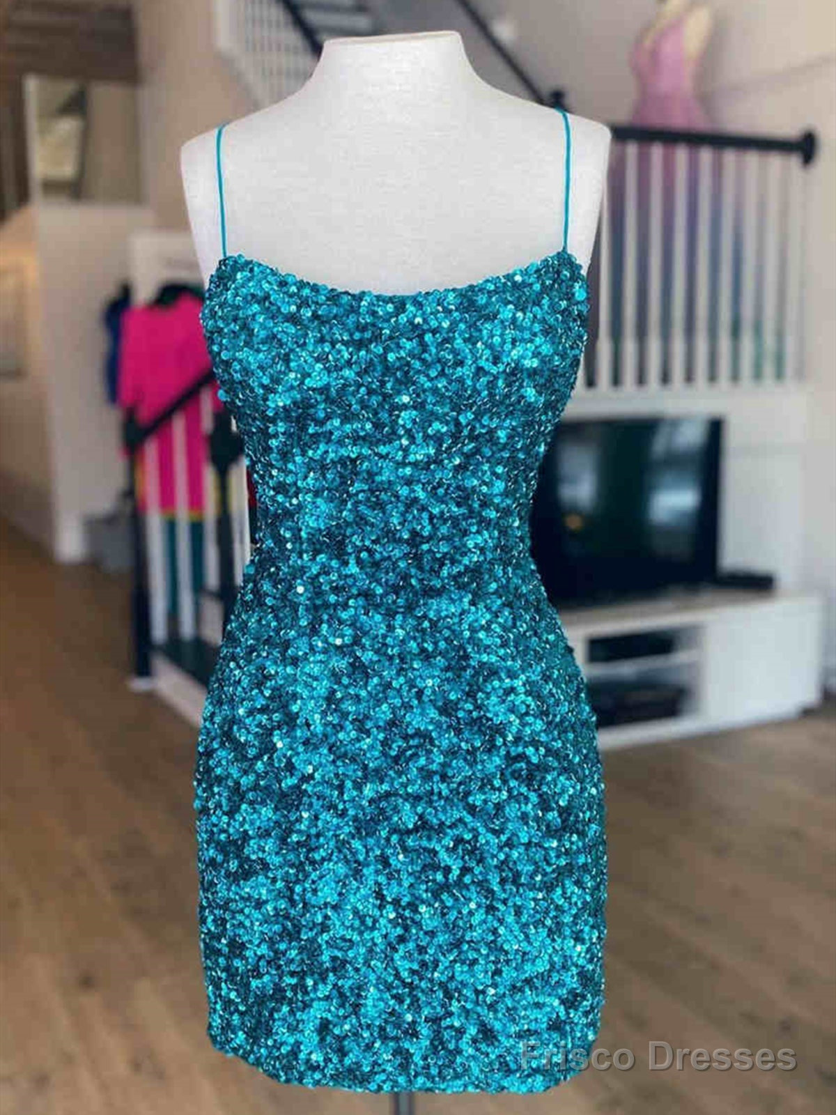 Short Blue Silver Pink Backless Sequins Prom Dresses, Short Open Back Sequins Formal Homecoming Dresses Main image