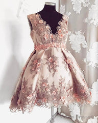 Short Blush Lace Flowers Embroidery V-Neck Cocktail Dress