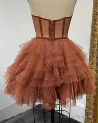 Short Brown Tulle Ruffles Corset Dresses
