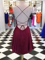 Short Burgundy Backless Formal Prom Dress, Short Burgundy Backless Formal Graduation Homecoming Dress