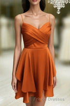 Short Burnt Orange Satin Cocktail Dress V-neck Semi Formal Prom Dress