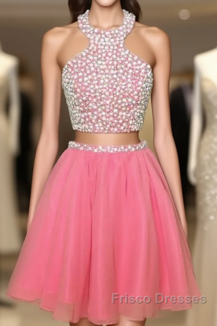 Short Candy Pink Homecoming Dress Pearl Beaded Halter Main image