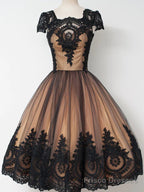 Short Cap Sleeves Black Lace Prom Dresses, Short Black Lace Graduation Homecoming Dresses