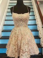 Short Champagne Backless Lace Prom Dresses, Short Lace Formal Graduation Homecoming Dresses