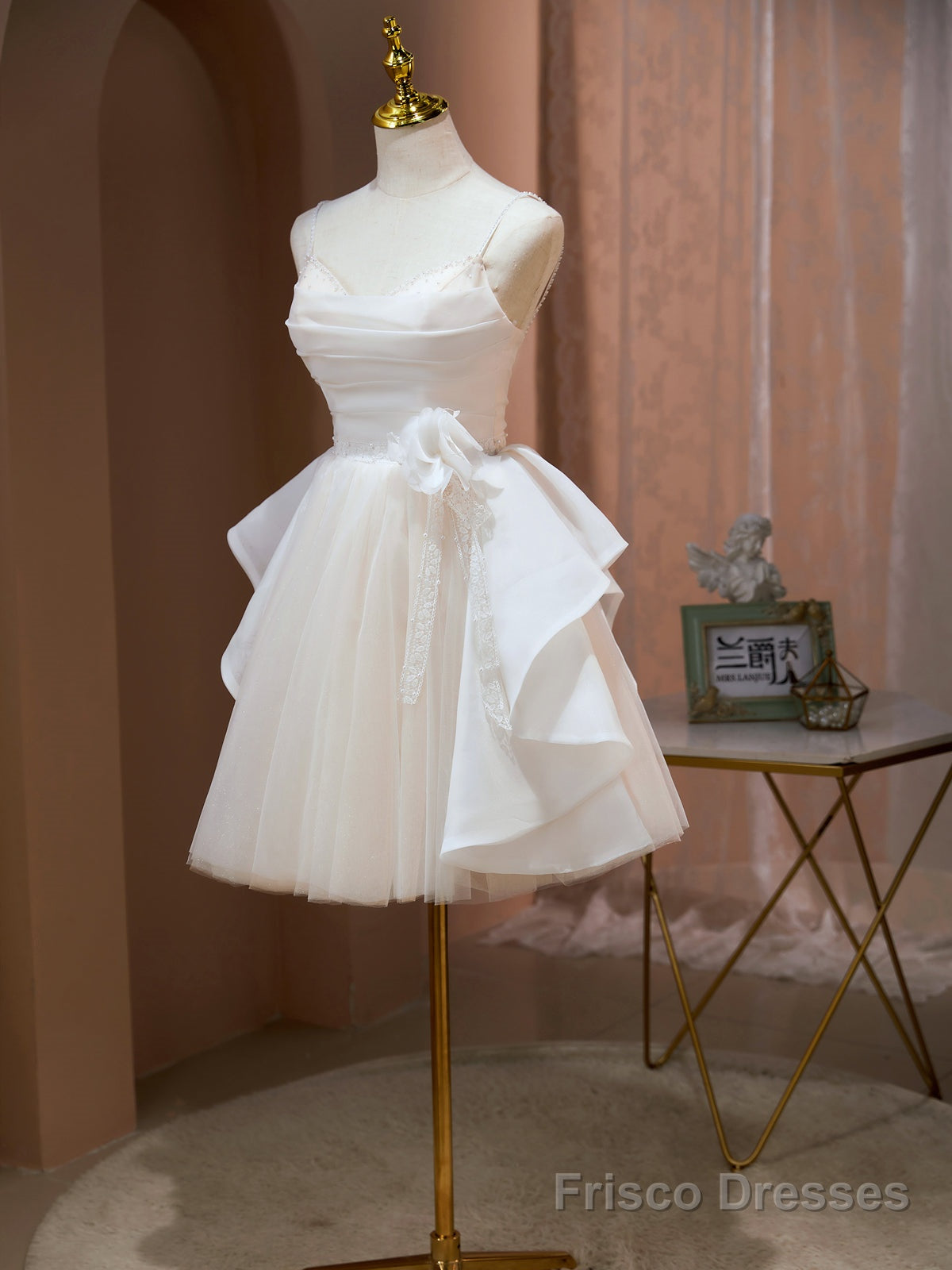 Short Champagne Floral Prom Dresses, Short Champagne Floral Formal Homecoming Dresses