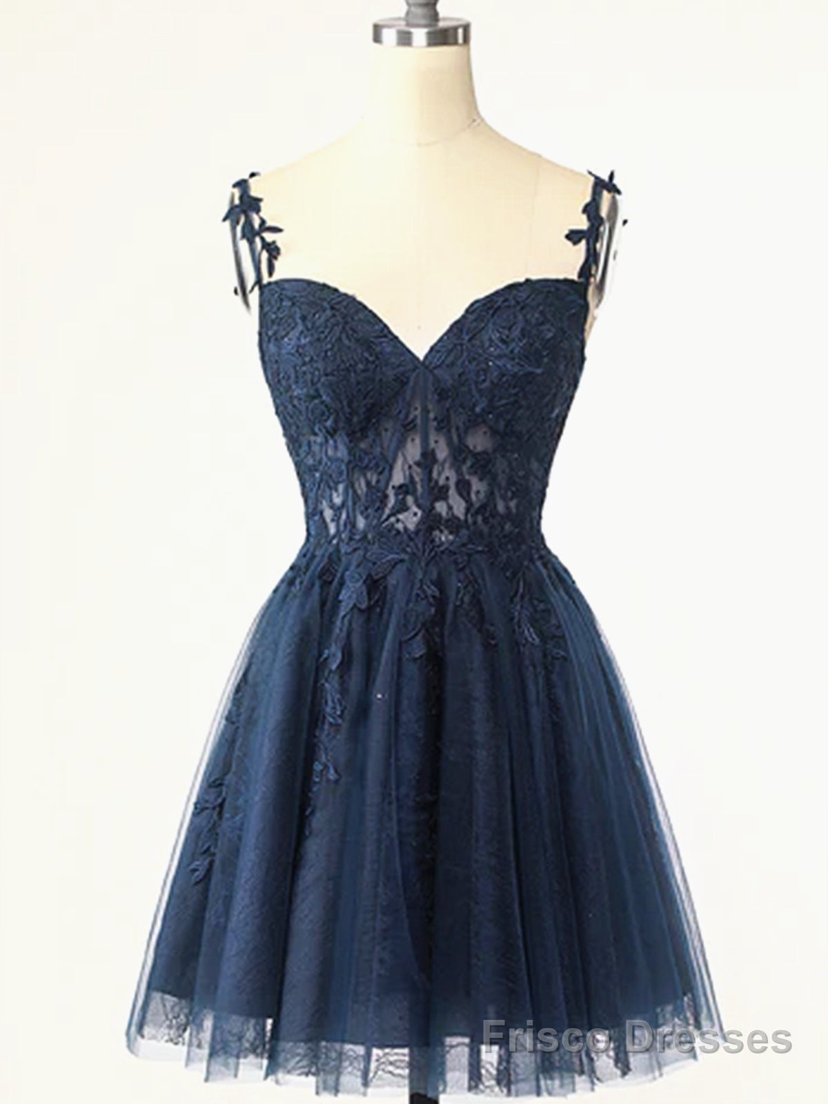 Short Dark Navy Blue Lace Prom Dresses, Dark Blue Lace Formal Homecoming Dress Main image