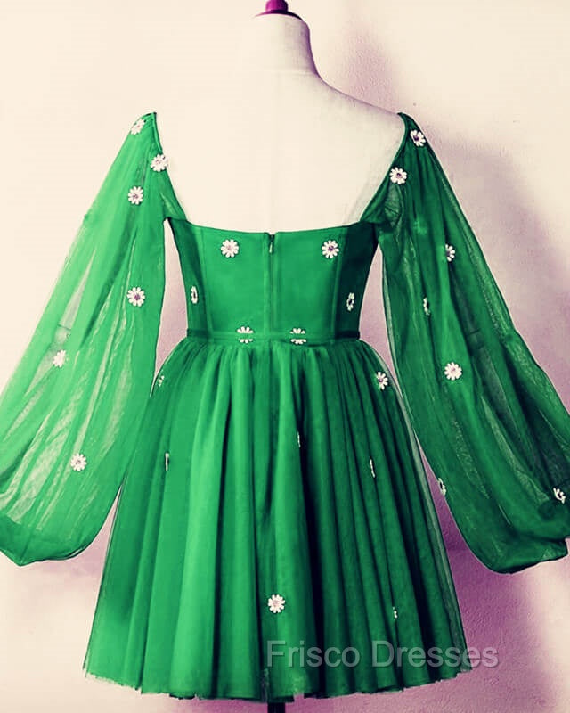 Short Green Puffy Sleeves Dress With Daisy Flowers