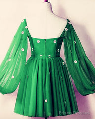 Short Green Puffy Sleeves Dress With Daisy Flowers