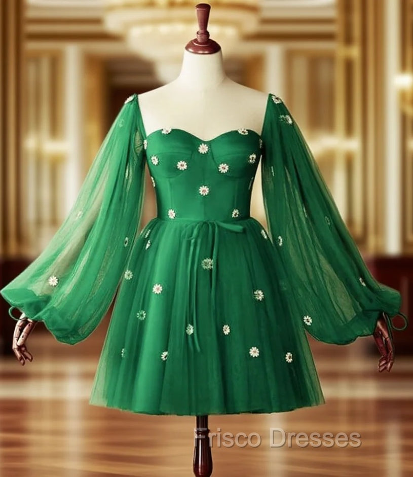 Short Green Puffy Sleeves Dress With Daisy Flowers Main image