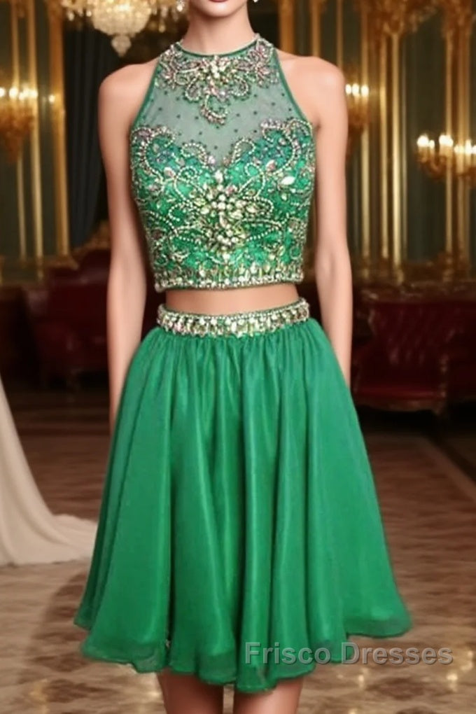 Short Green Two Piece Chiffon Homecoming Dress Beaded Main image