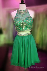 Short Green Two Piece Chiffon Homecoming Dresses Beaded