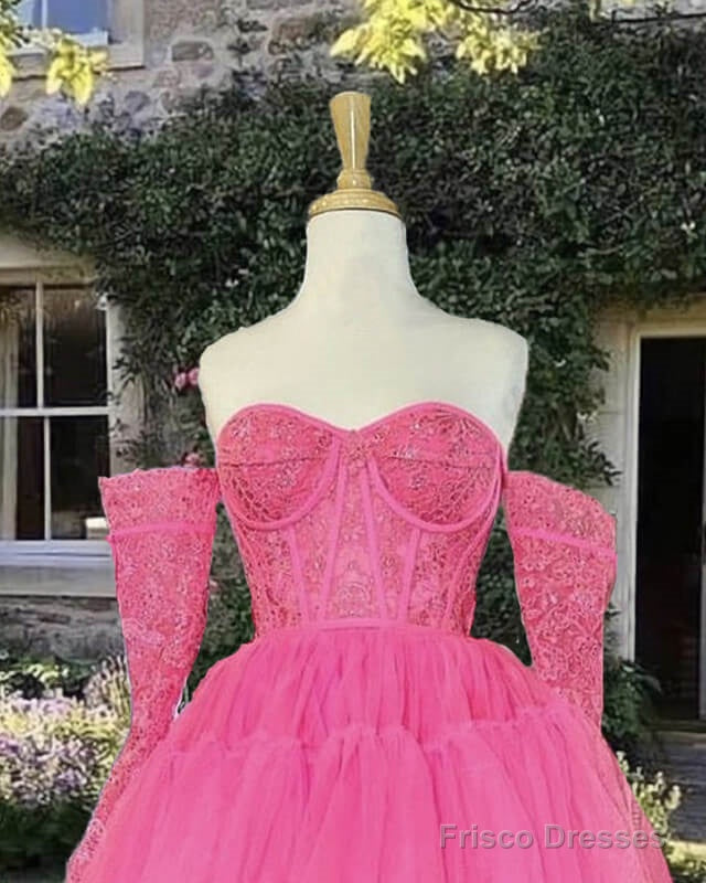 Short Hot Pink Tulle Dress With Lace Sleeves Secondary image