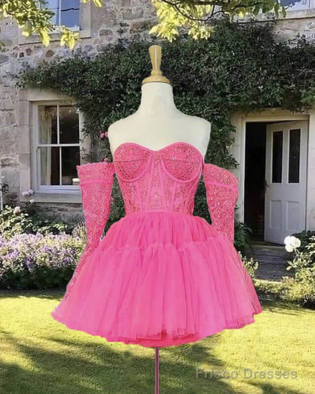 Short Hot Pink Tulle Dress With Lace Sleeves Main image