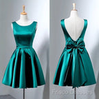Short Hunter Green Satin Formal Prom Dress With Bow