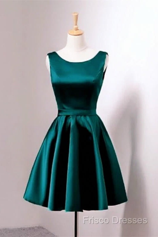 Short Hunter Green Satin Formal Prom Dress With Bow