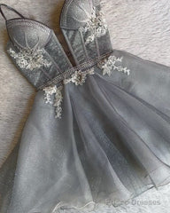 Short Lace Appliques V-Neck Silver Sparkly Dress