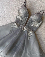 Short Lace Appliques V-Neck Silver Sparkly Dress