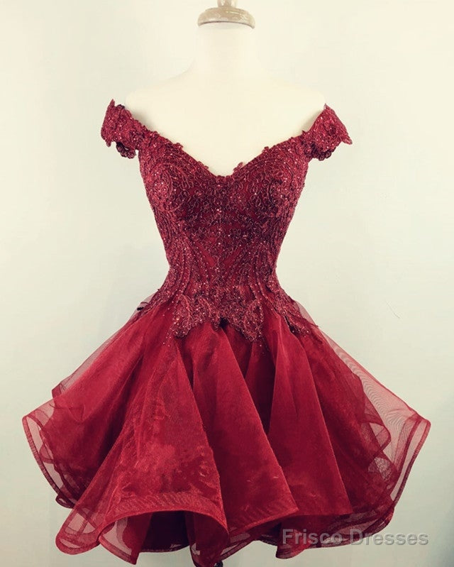 Short Lace Beaded V-Neck Off Shoulder Homecoming Dresses Organza