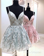 Short Lace Homecoming Dress V Neck Spaghetti Straps